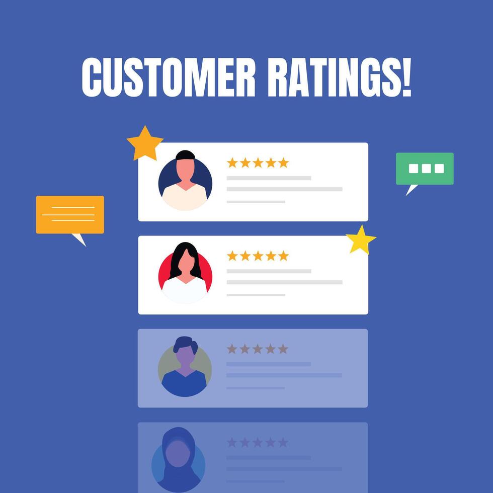 Customer rating. 5 star ratings. Rate us. Customer Feedback ratings banner with customer giving five stars reviews. Give reviews about your experience, our product. vector