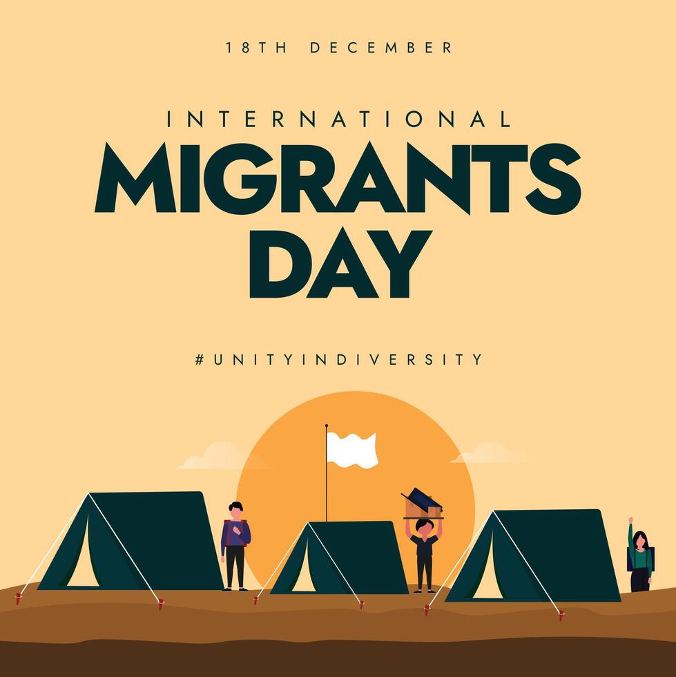18th December Migrants day celebration banner with Migrants living in tents vector