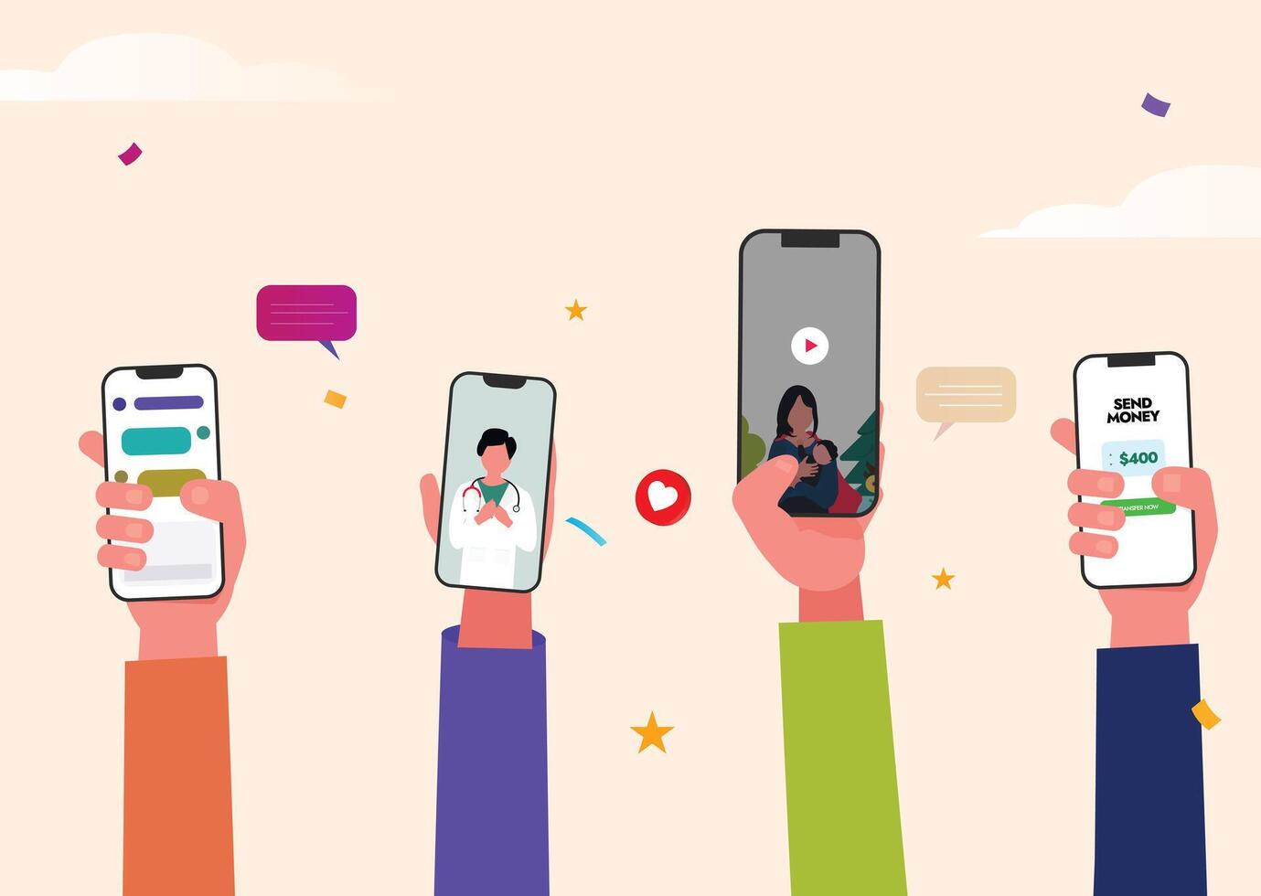 Hands holding smartphones. Banner to show Use of smart phones these days. Hands holding smartphones with screens banner. One is chatting, seeing doctors, , sending money. vector