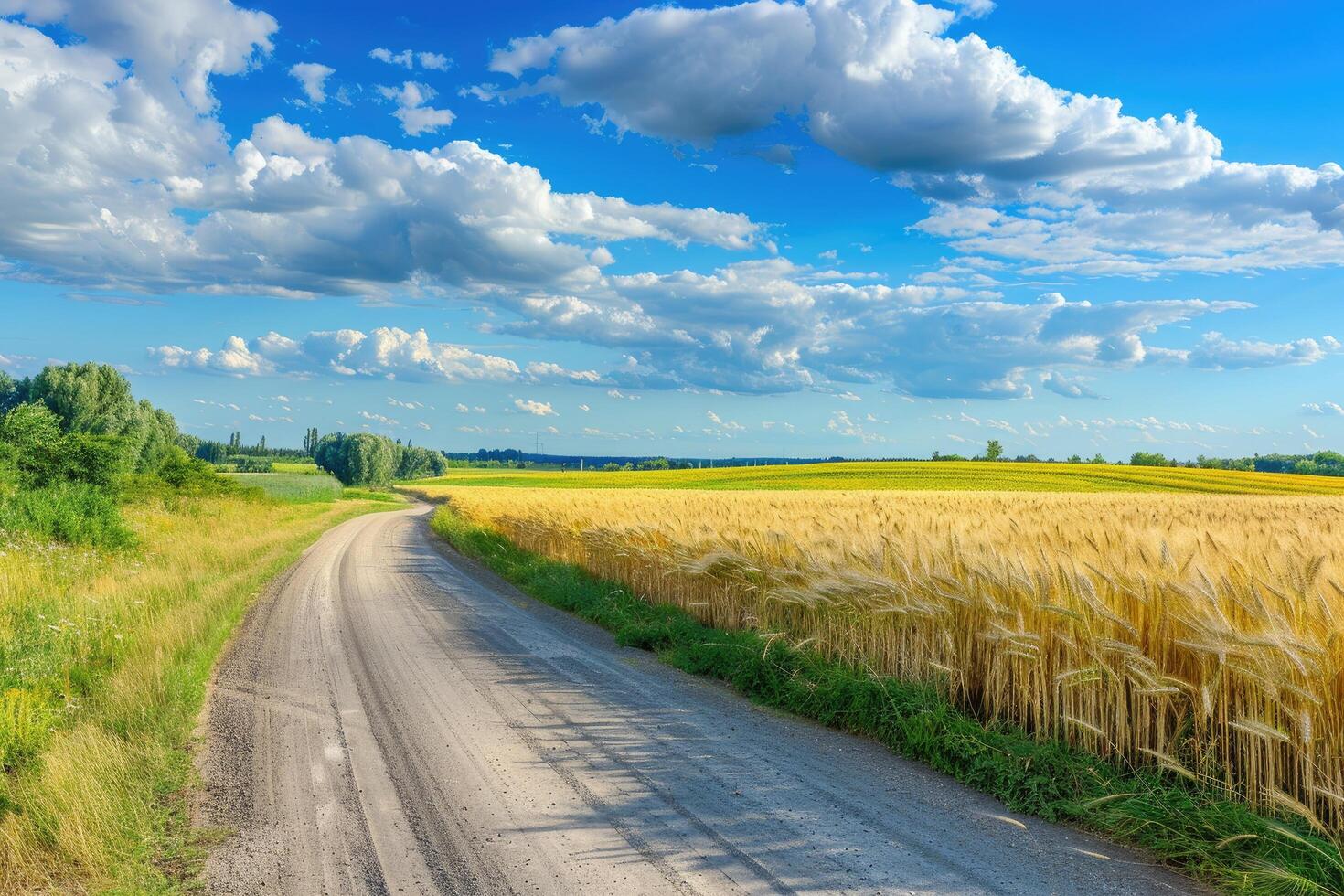 Beautiful idyllic landscape in countryside banner format with a wide field of cereals and a pasture divided by a deserted asphalt road against a blue summer sky photo