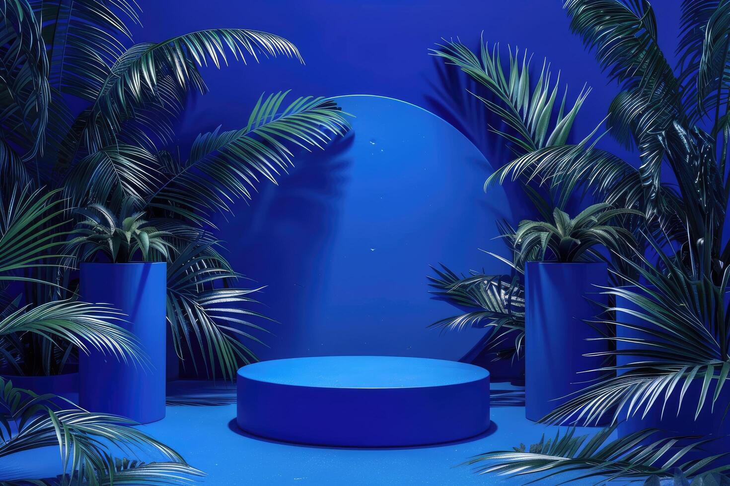 Chic, contemporary showcase stand compilation in a bold blue shade, encircled by stylish palm branches on an artistic backdrop photo
