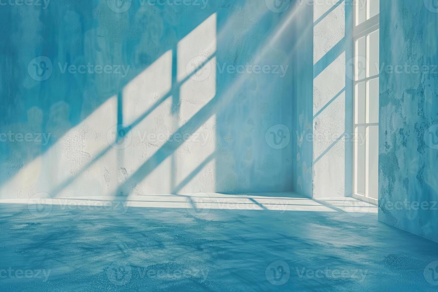 Minimal abstract light blue background for product presentation. Shadow and light from windows on plaster wall. photo