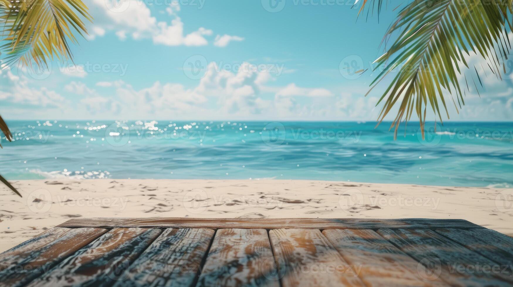 tranquilo verano playa escena con de madera mesa con vista a azul océano, arenoso antecedentes con palma hojas foto