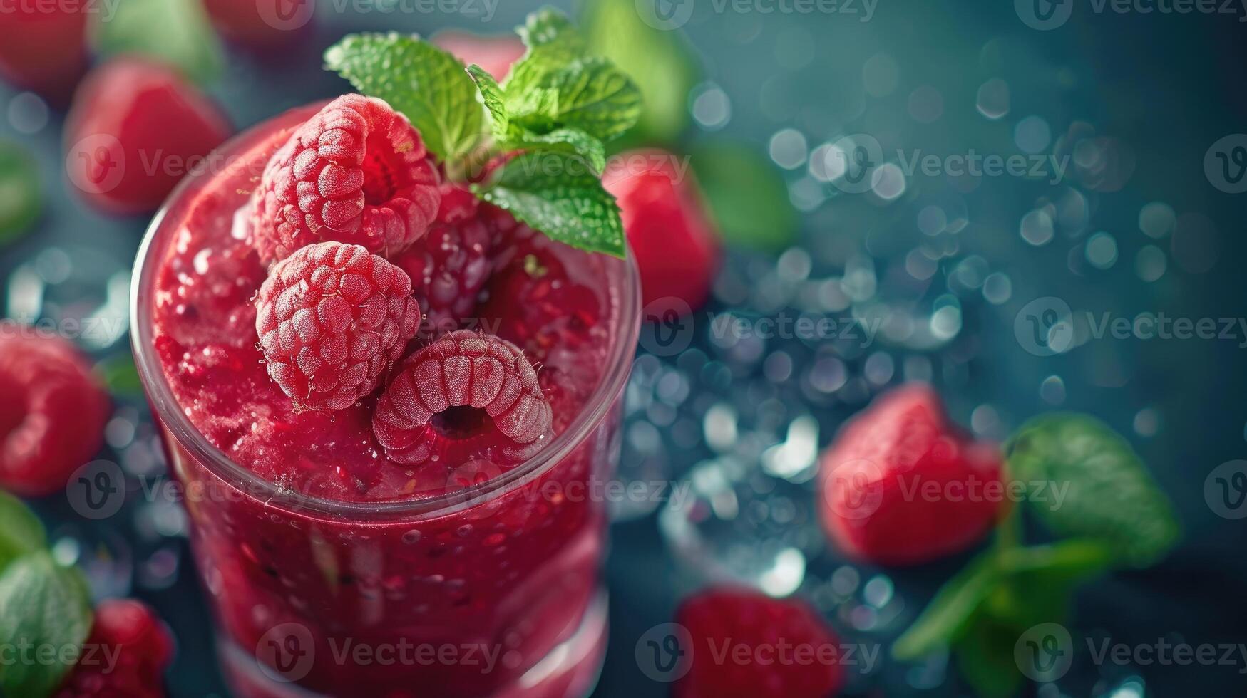 Close up of raspberry smoothie glass decorated with fresh raspberries and mint berries, copy space, summer delight cold drink. photo