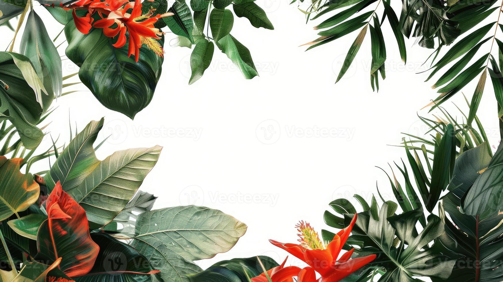 Design of tropical foliage including painted leaves and vines on a white background with space for text photo