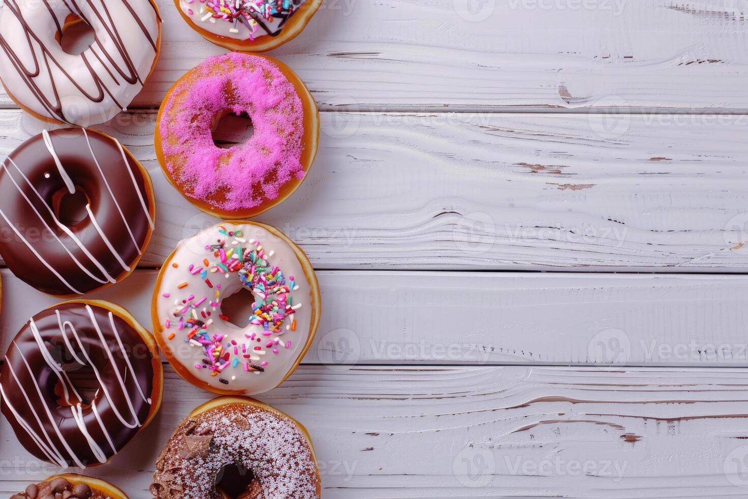 Copy space image of delicious donuts drizzled with icing and chocolate presented on a white wooden background photo