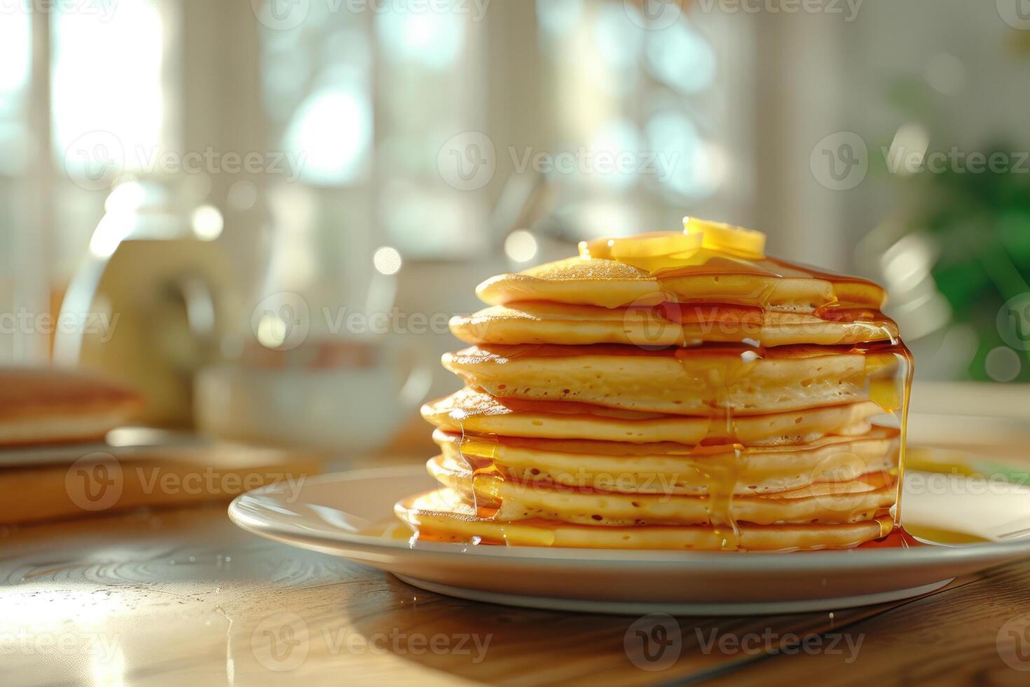 A tall stack of pancakes perfect for a family breakfast with a shallow depth of field and an empty area for additional content photo