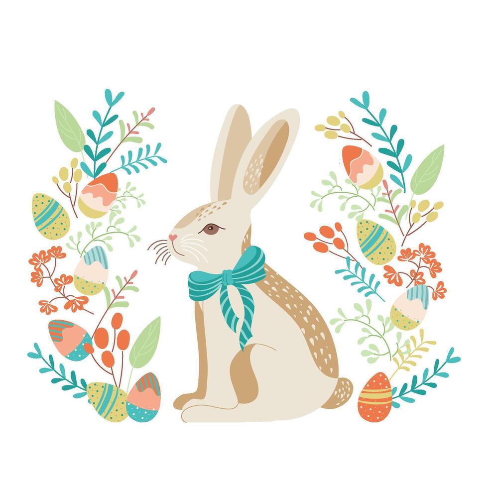 Easter bunny with bow and plant decor with eggs. Happy easter design element Trendy design for typography, card, flyers. Hand painted plants, eggs and rabbit in pastel colors. flat illustration vector