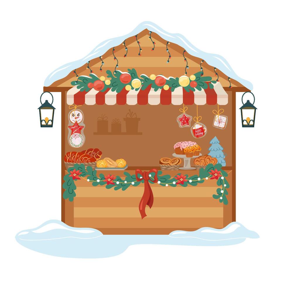 Wooden booth bakery shop with cookies and gingerbread at Christmas stall market Traditional festival winter holiday fair marketplace Facade of market kiosk decorated by green fir trees branches vector