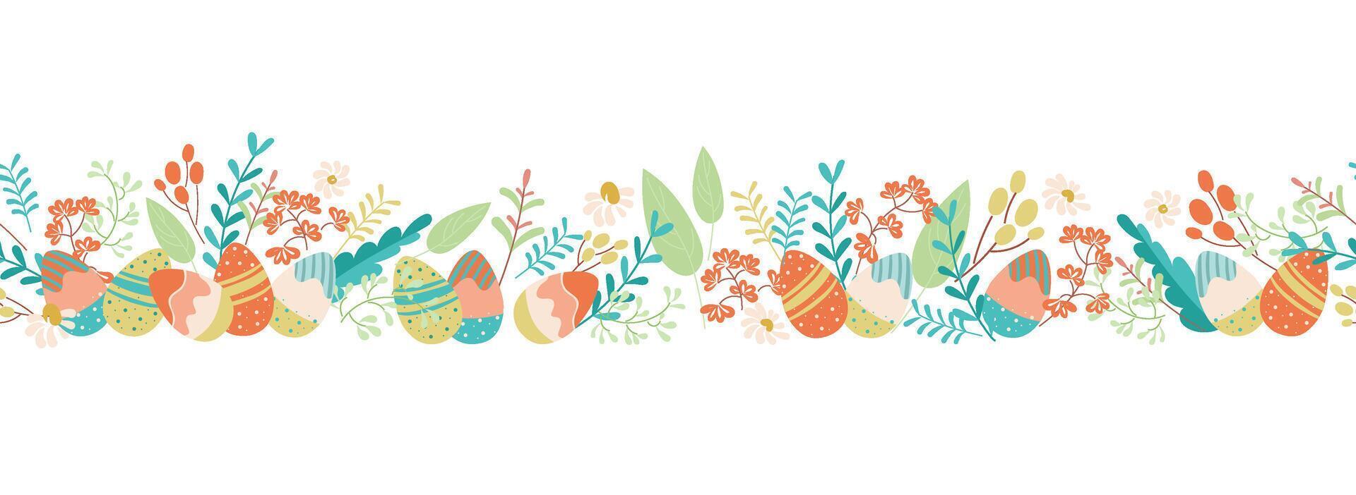 Easter seamless border with hand-drawn decorative eggs in flower meadow on transparent background. Cute horizontal pattern, perfect for textiles, banners, wallpapers and festive designs. vector
