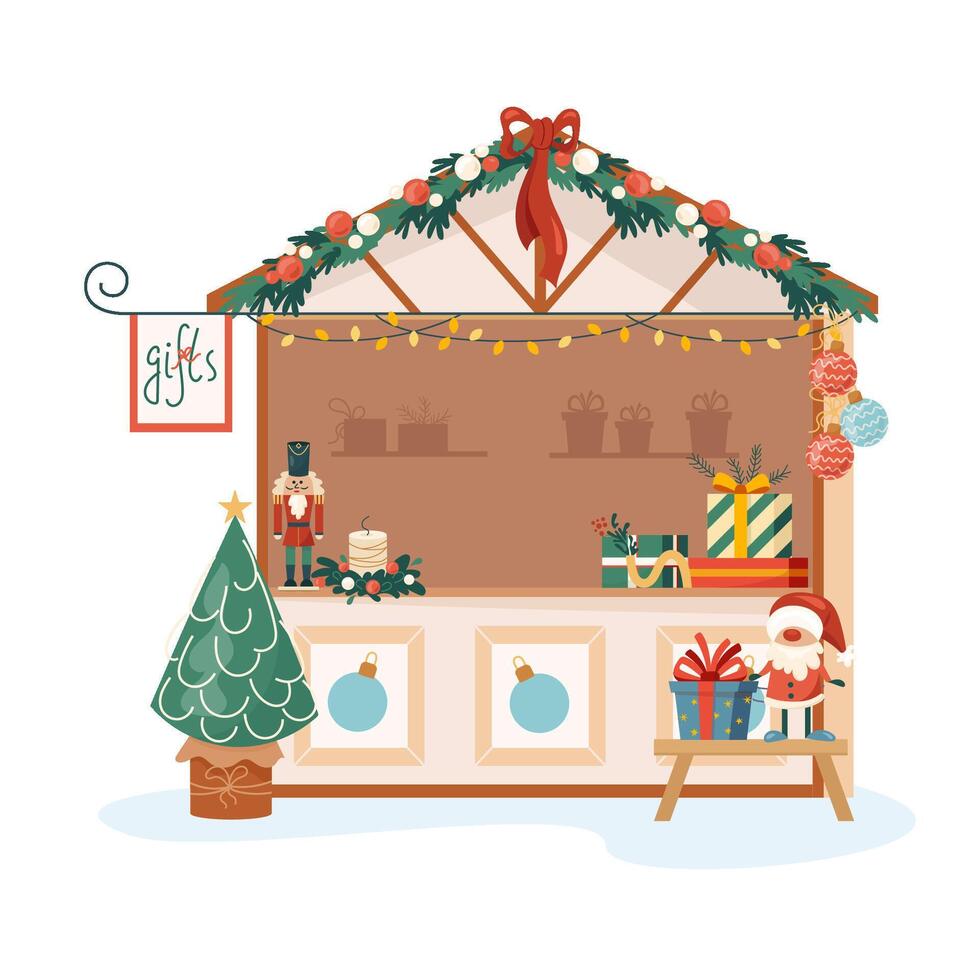 Wooden booth gift shop with souvenirs, nutcracker, garland decoration at Christmas stall market Traditional festival winter holiday fair marketplace Facade of market kiosk decorated by fir tree vector