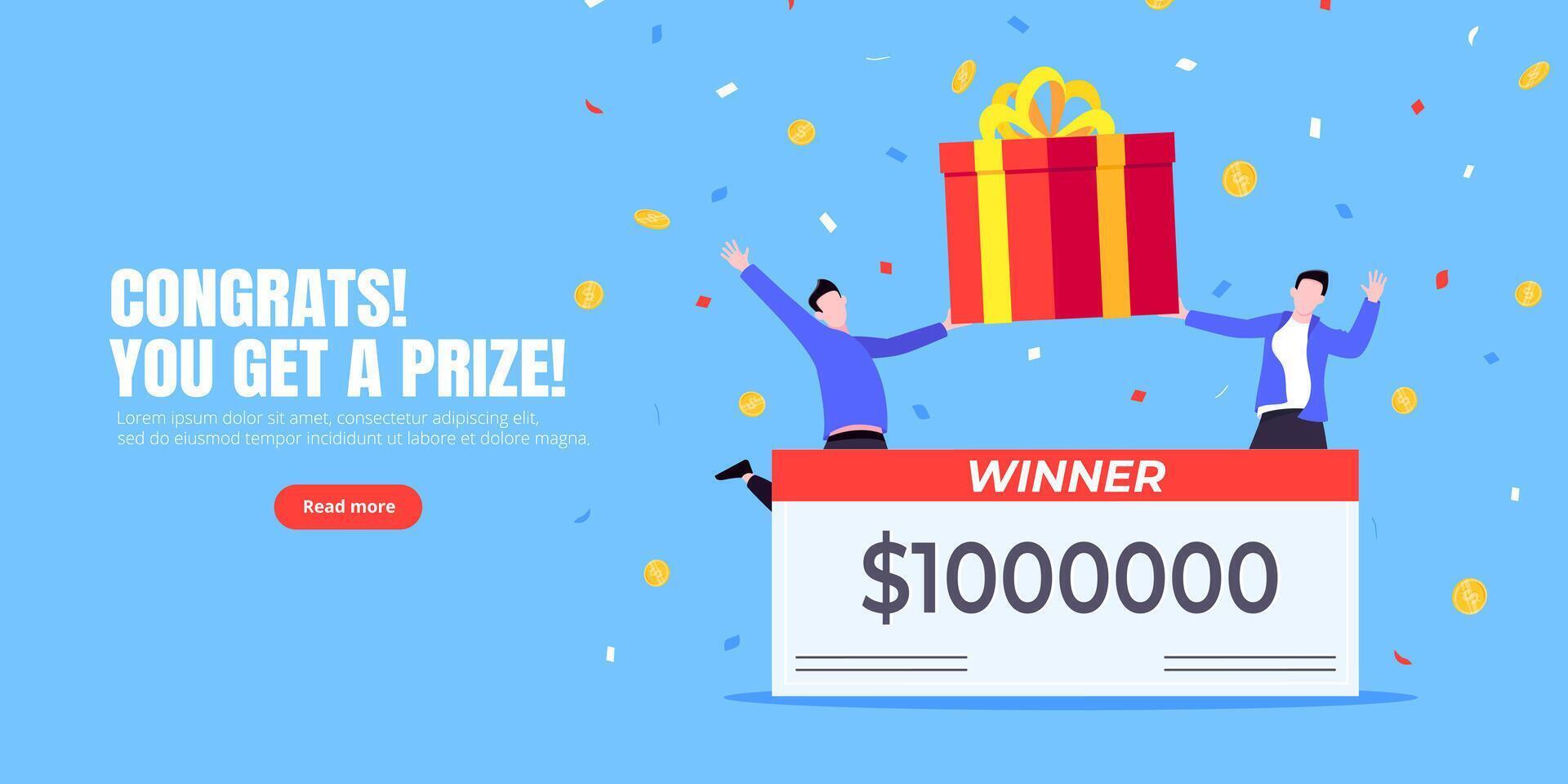 Happy lottery winners with big prize paycheck. vector