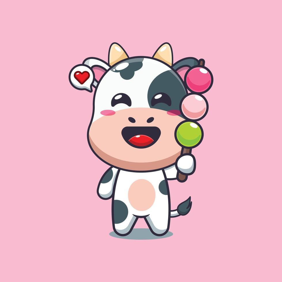 Cute cow eating dango cartoon illustration vector
