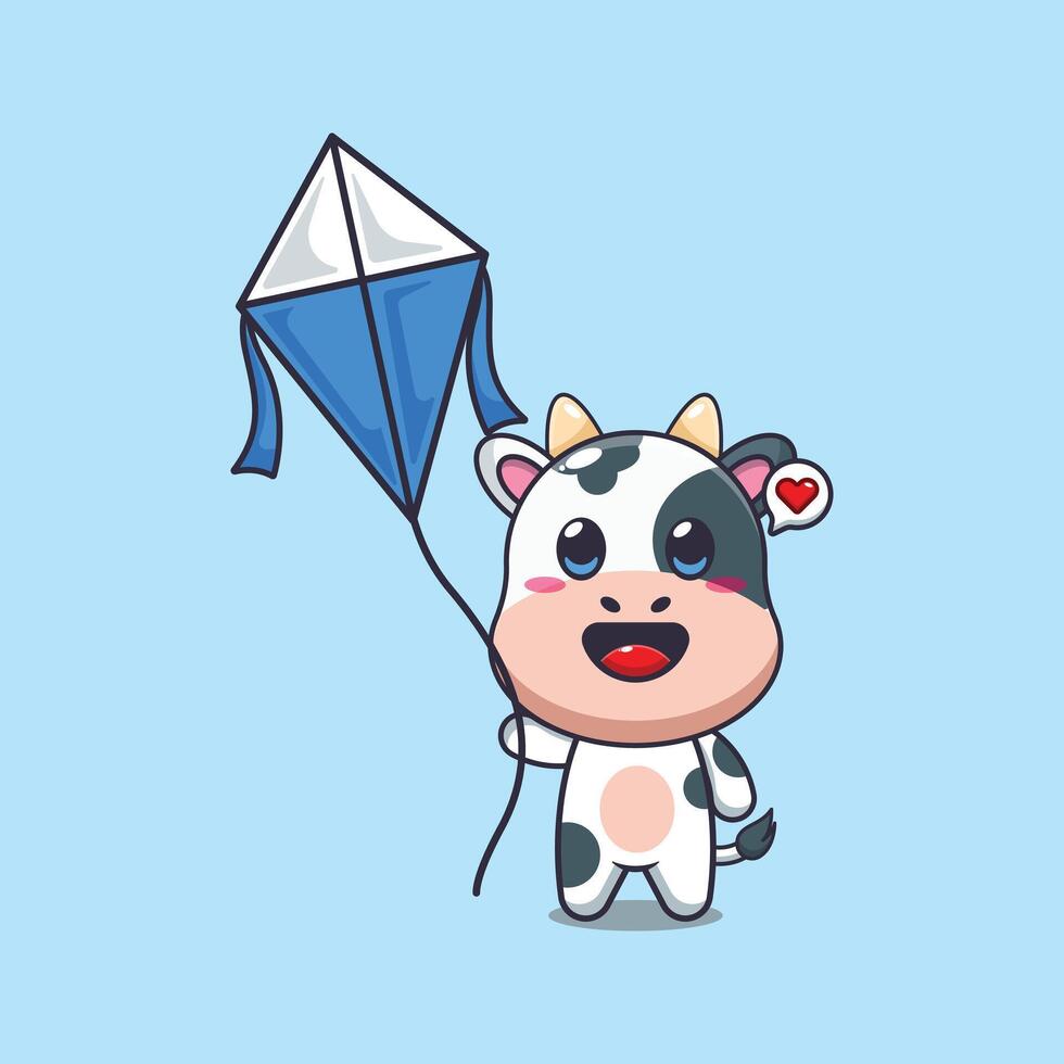 Cute cow playing kite cartoon illustration vector