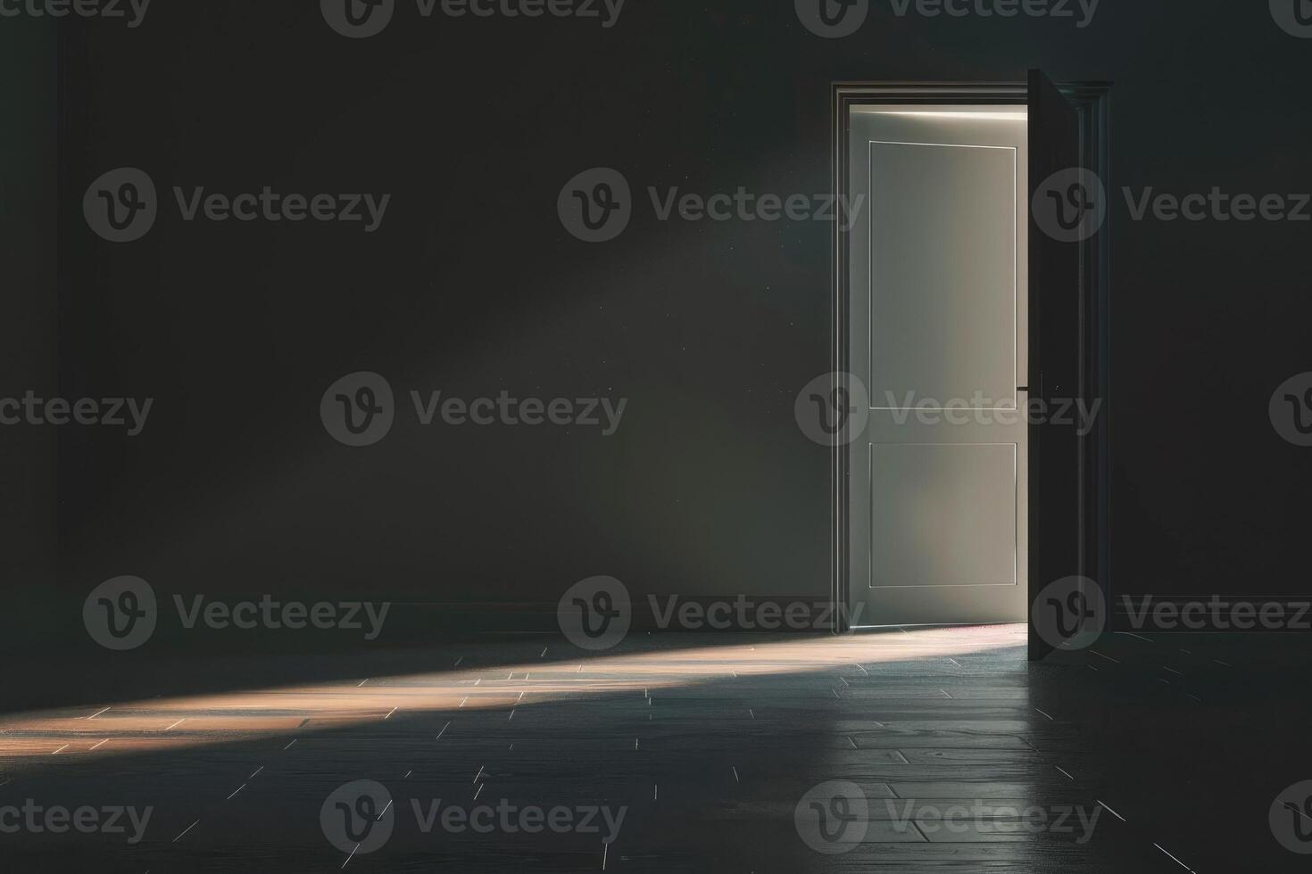 Dark empty room with light coming in through an open door photo
