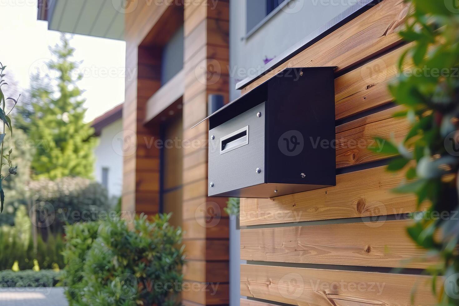 Closeup modern mailbox on the yard of house, mailing and newsletter concept photo