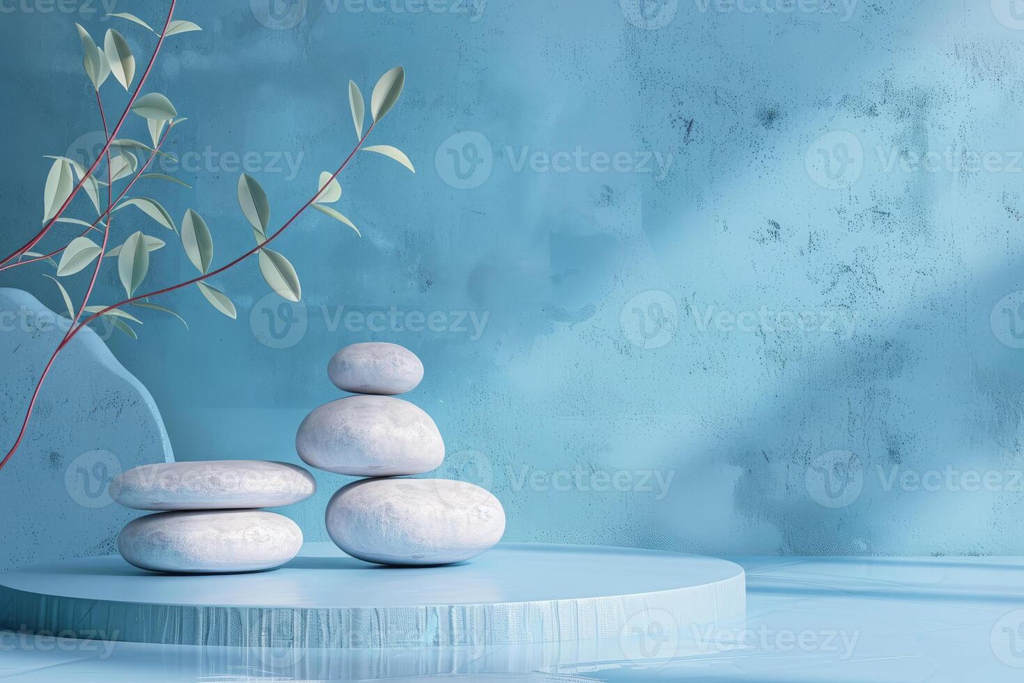 A beautiful blue background for presentations with a podium and masonry round stones in a soothing color scheme photo