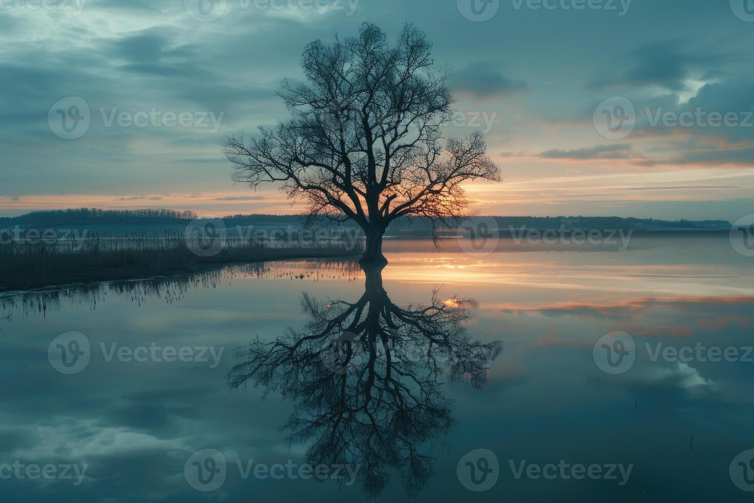Picturesque view of leafless lonely tree growing and reflecting in calm lake at sundown time. photo