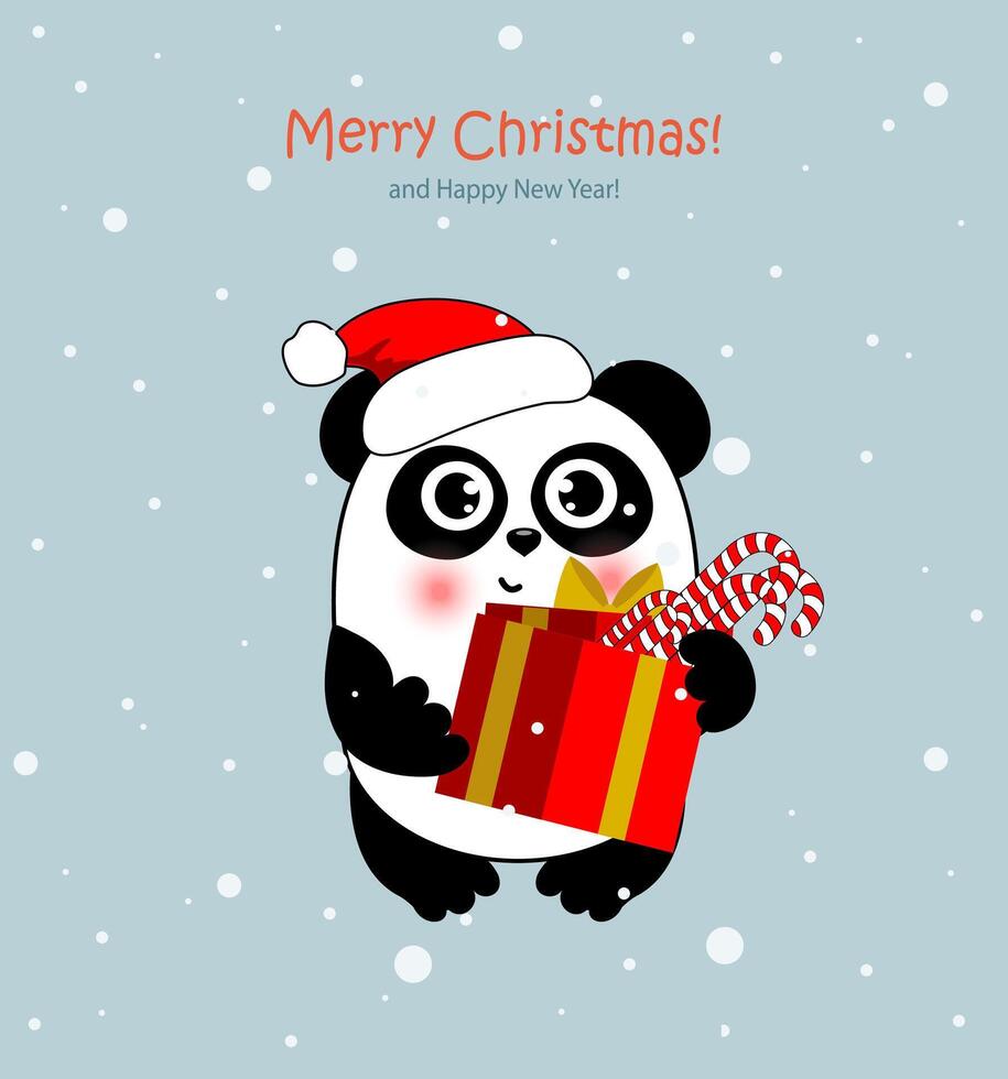 Cute cartoon Christmas panda in Santa hat with candy and present wish you a Merry Christmas. Funny character for your cards, poster design. vector