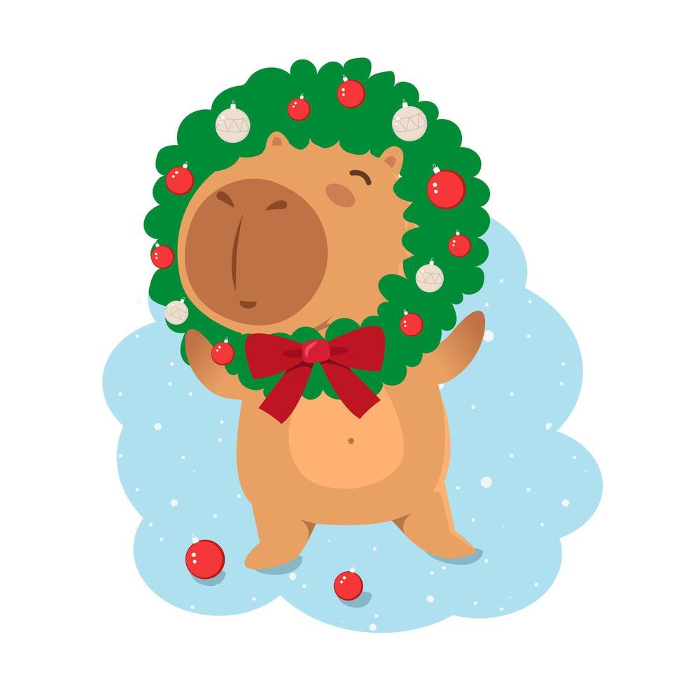 Cute Christmas capybara with Christmas wreath and red ribbon bow vector