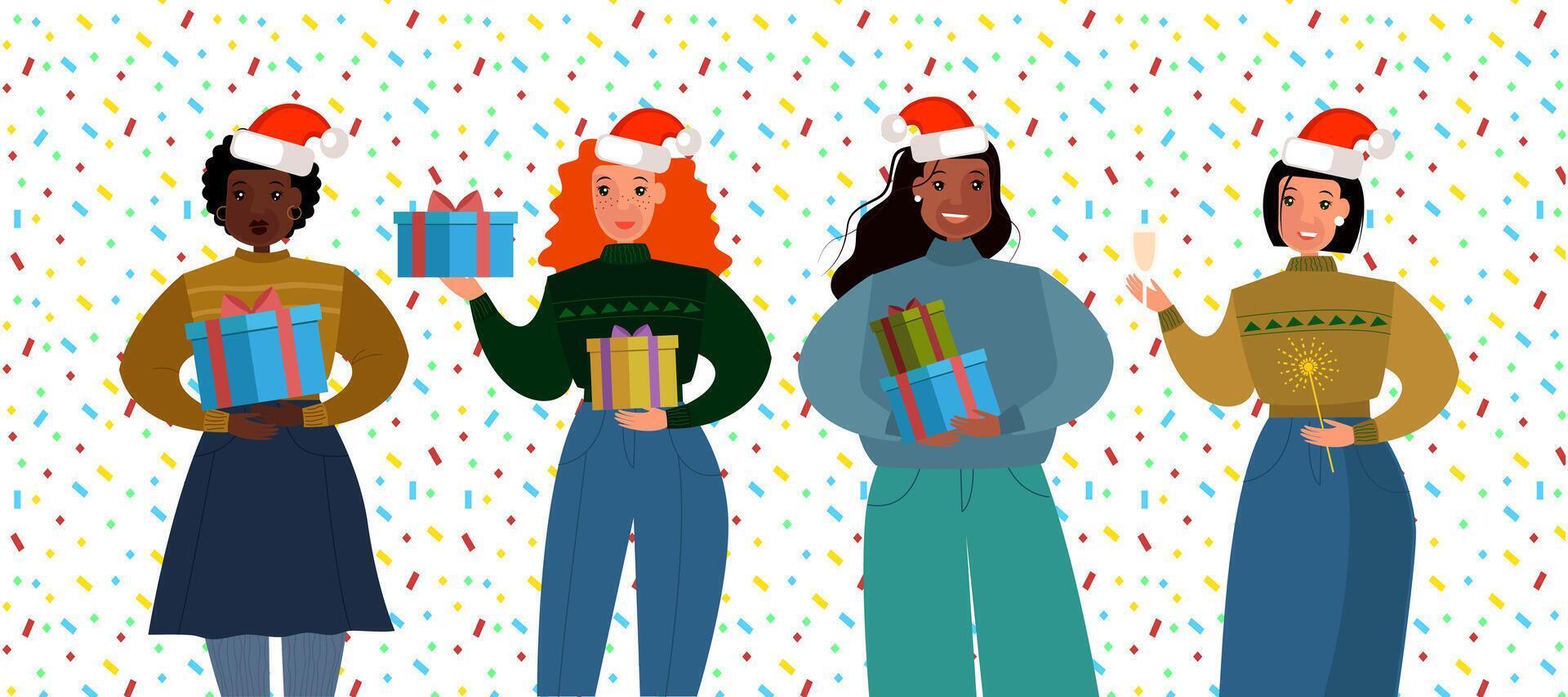 happy girls with Christmas presents. Beautiful element for your New Year design. vector