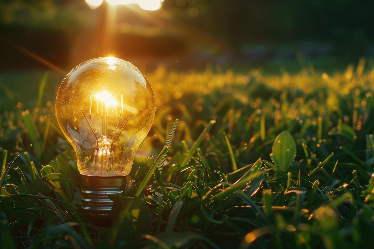 Simple light bulb on green grass and sunlight in nature photo