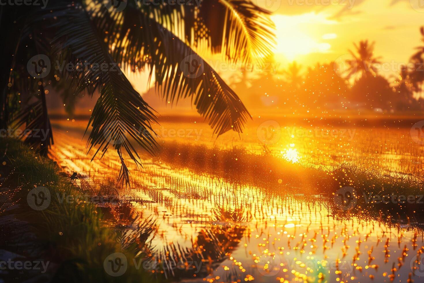 Sunset and the evening view of paddy field. Creative banner photo