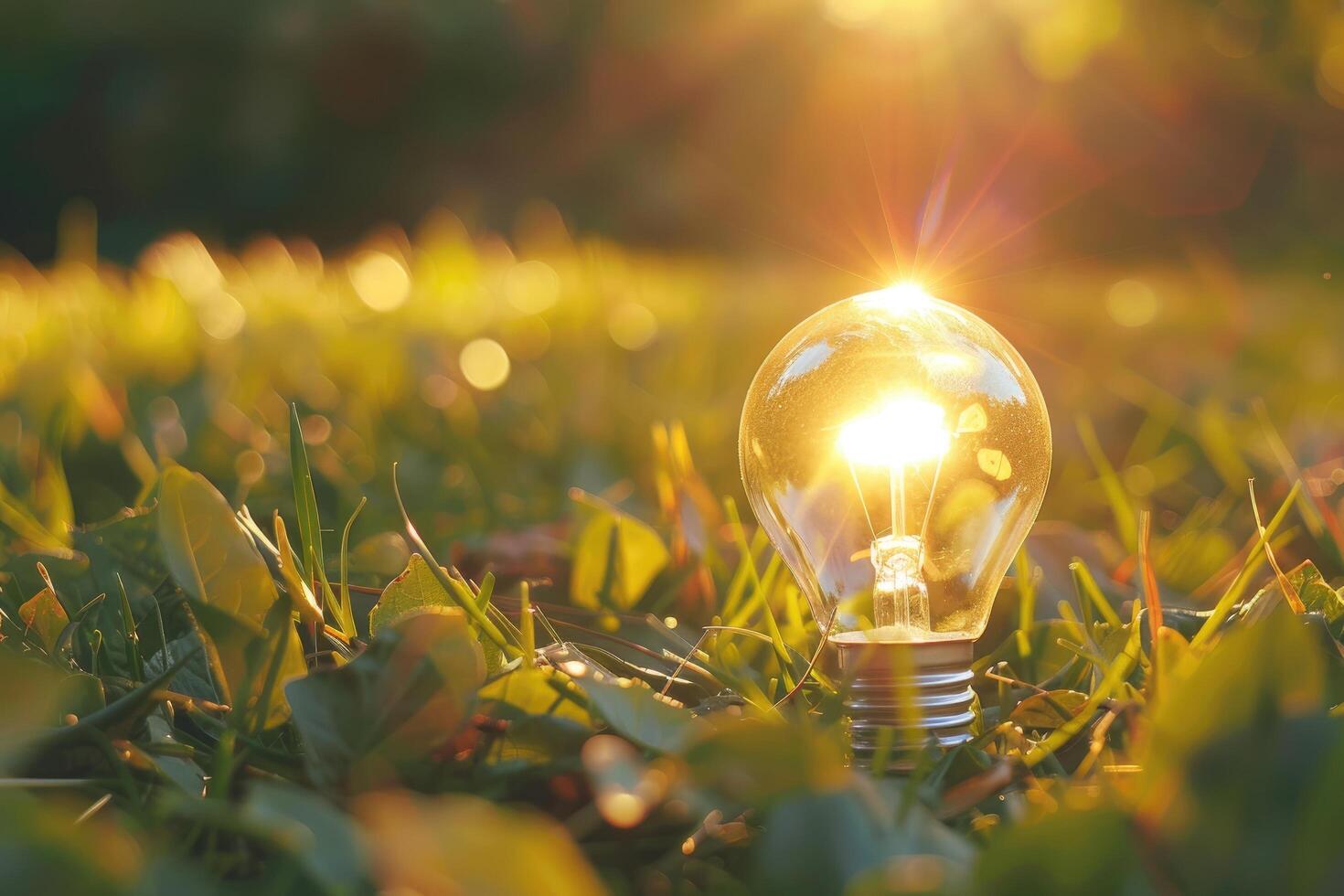 Simple light bulb on green grass and sunlight in nature photo