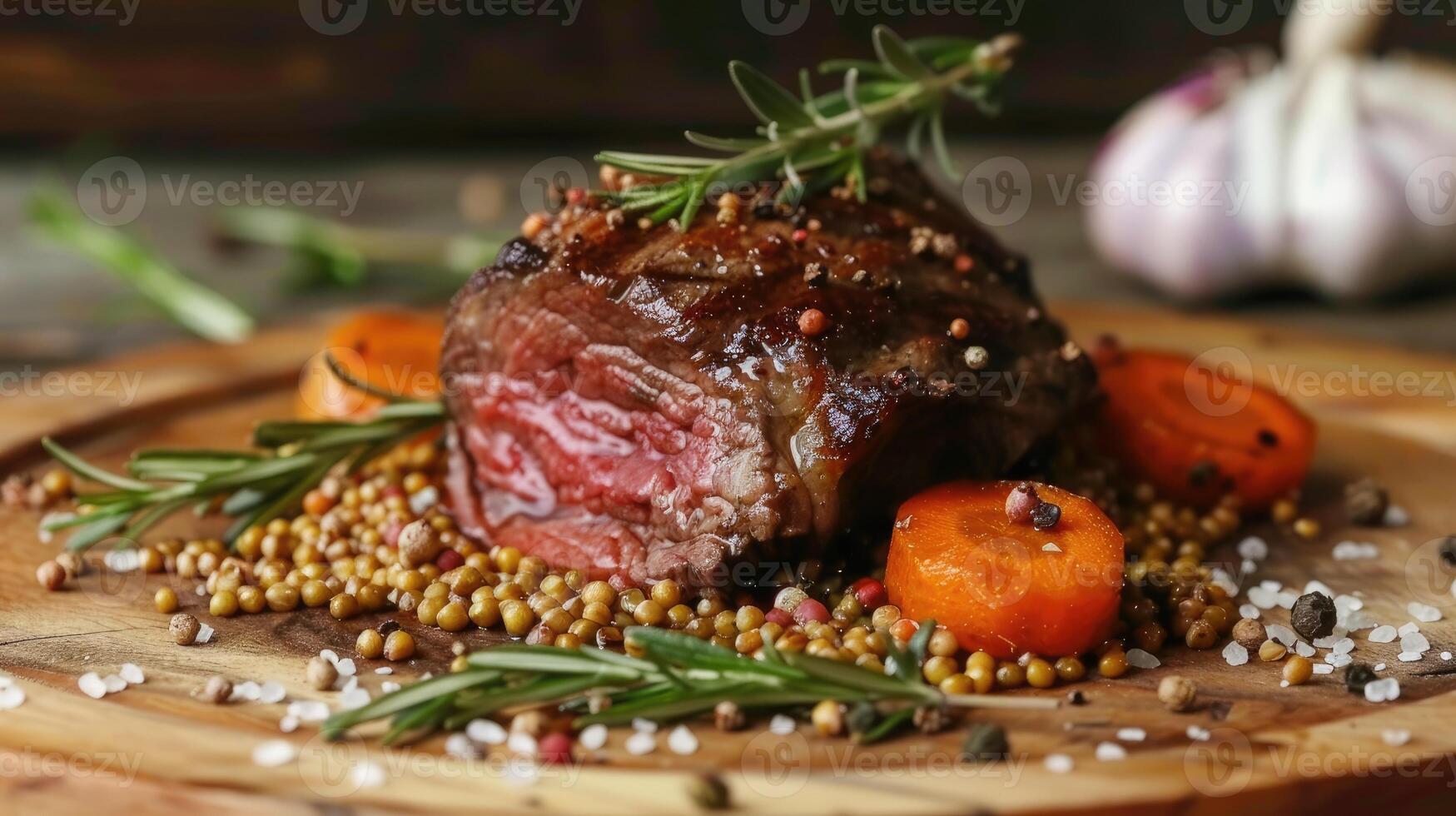 Roast beef with buckwheat groats and carrots served on wooden table photo