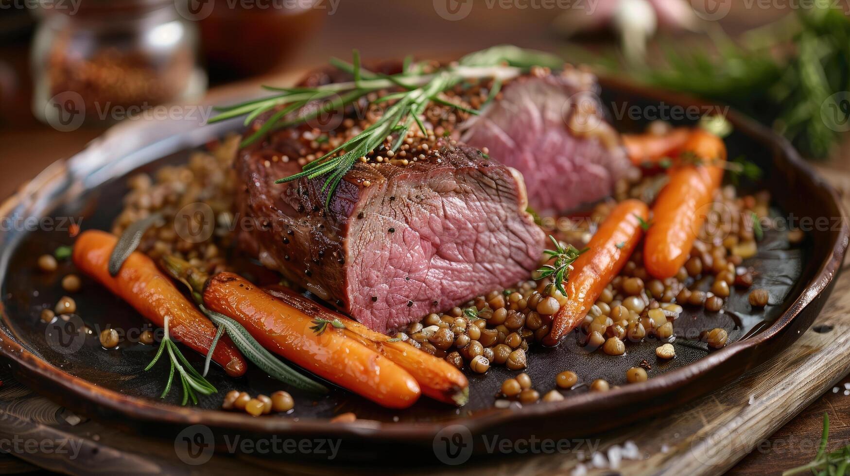 Roast beef with buckwheat groats and carrots served on wooden table photo