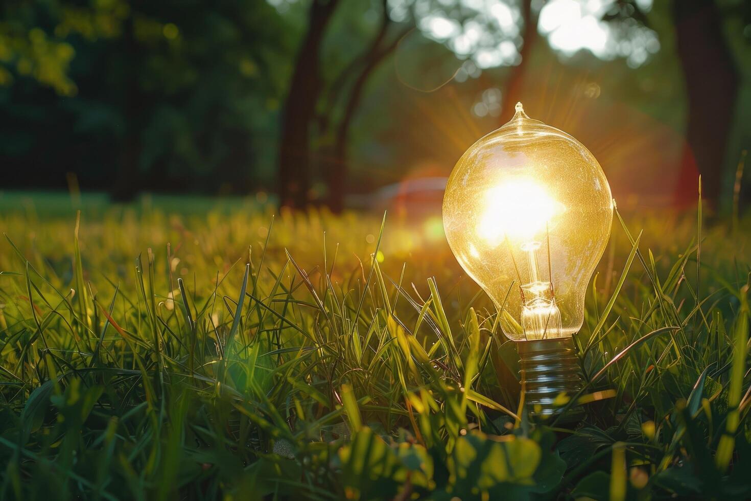 Simple light bulb on green grass and sunlight in nature photo