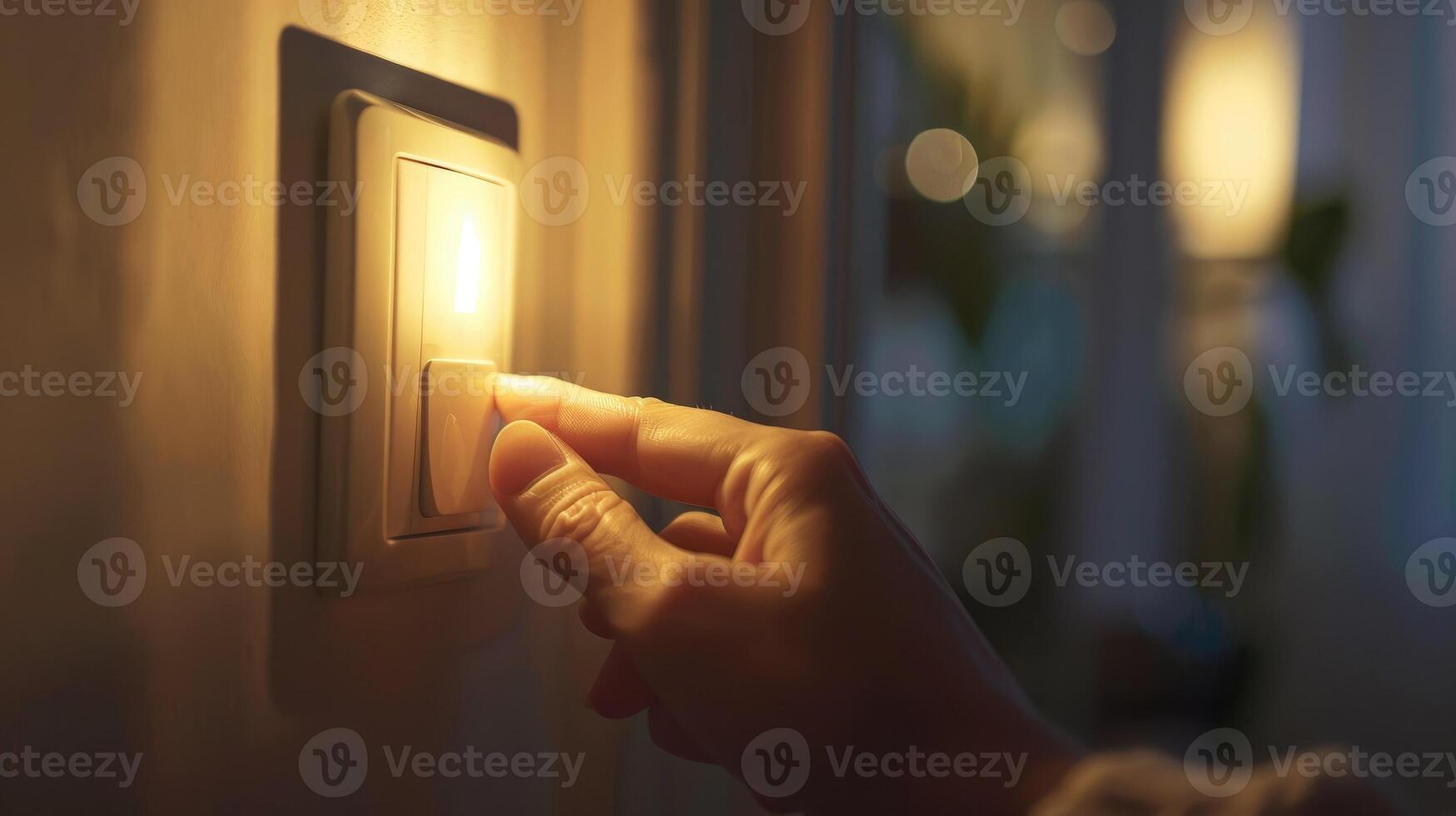 Closeup of a hand turning off a light switch in a softly lit room photo