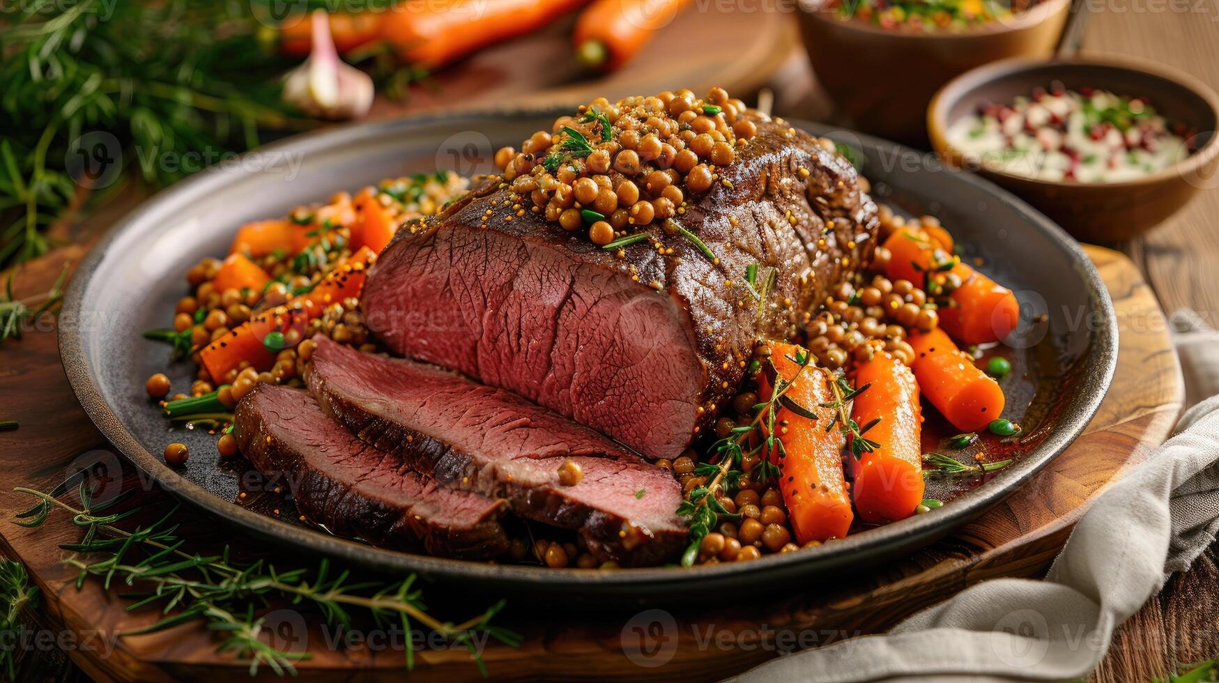 Roast beef with buckwheat groats and carrots served on wooden table photo