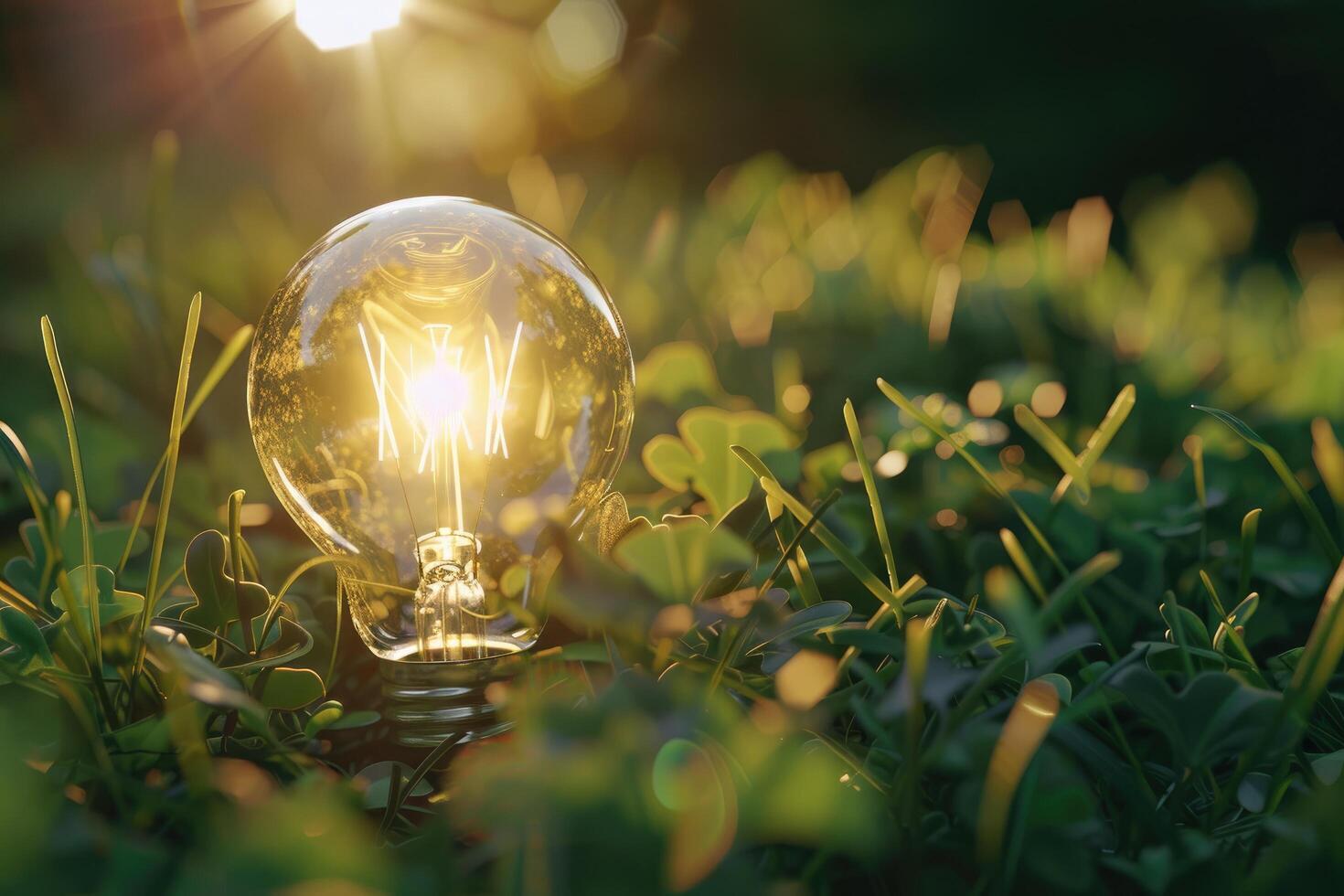 Simple light bulb on green grass and sunlight in nature photo