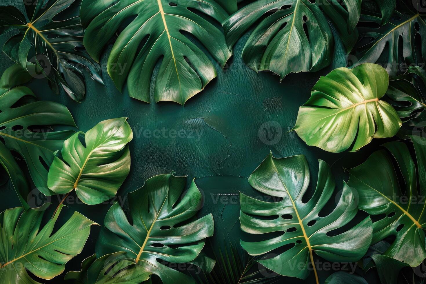 Top view exotic tropical leaves on a dark green background photo
