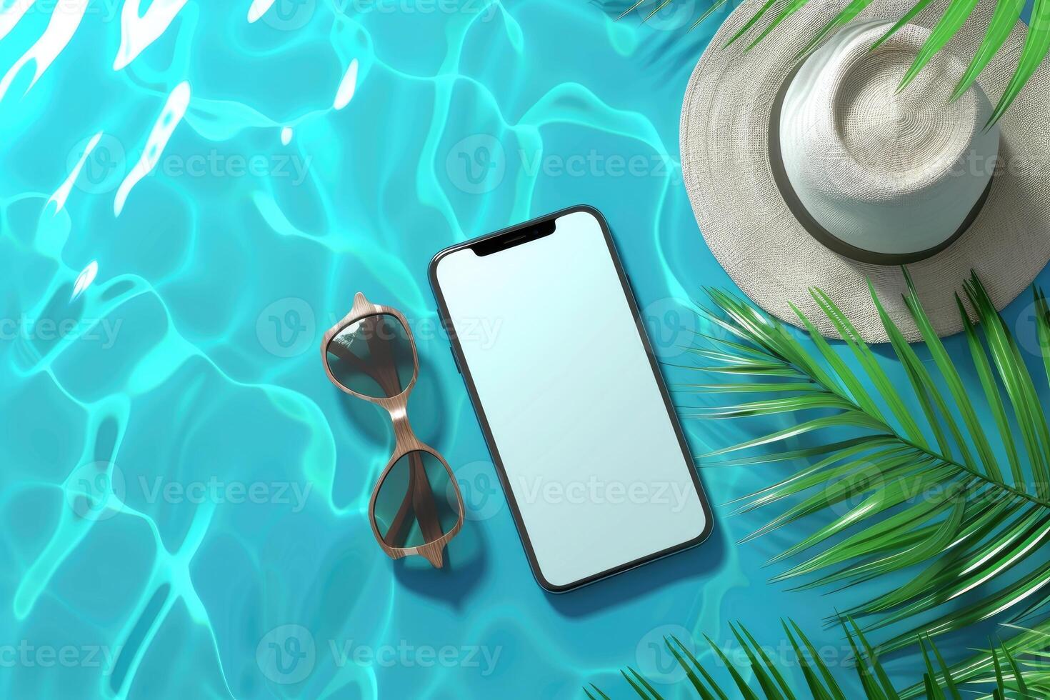 Mobile phone mockup with blank screen laying on the blue water of the sea or pool with palm tree, sunglasses and hat photo