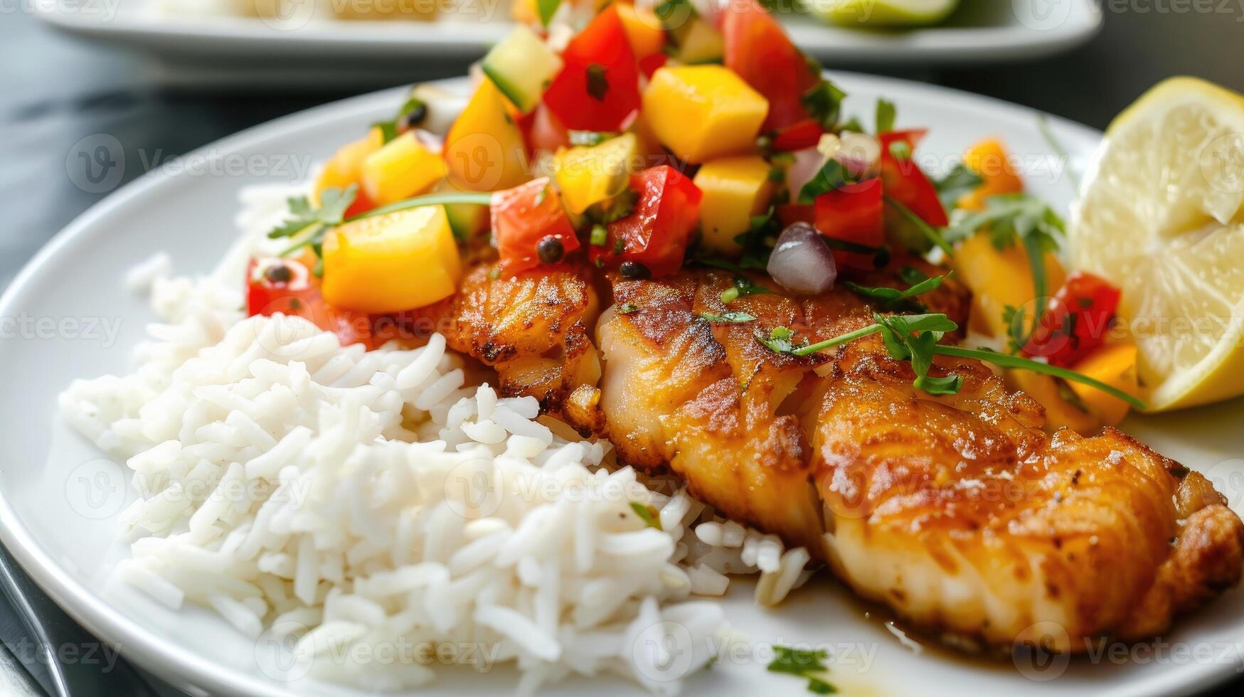 Fish dish - fried cod fillet with boiled white rice and fresh fruit salsa on white table photo