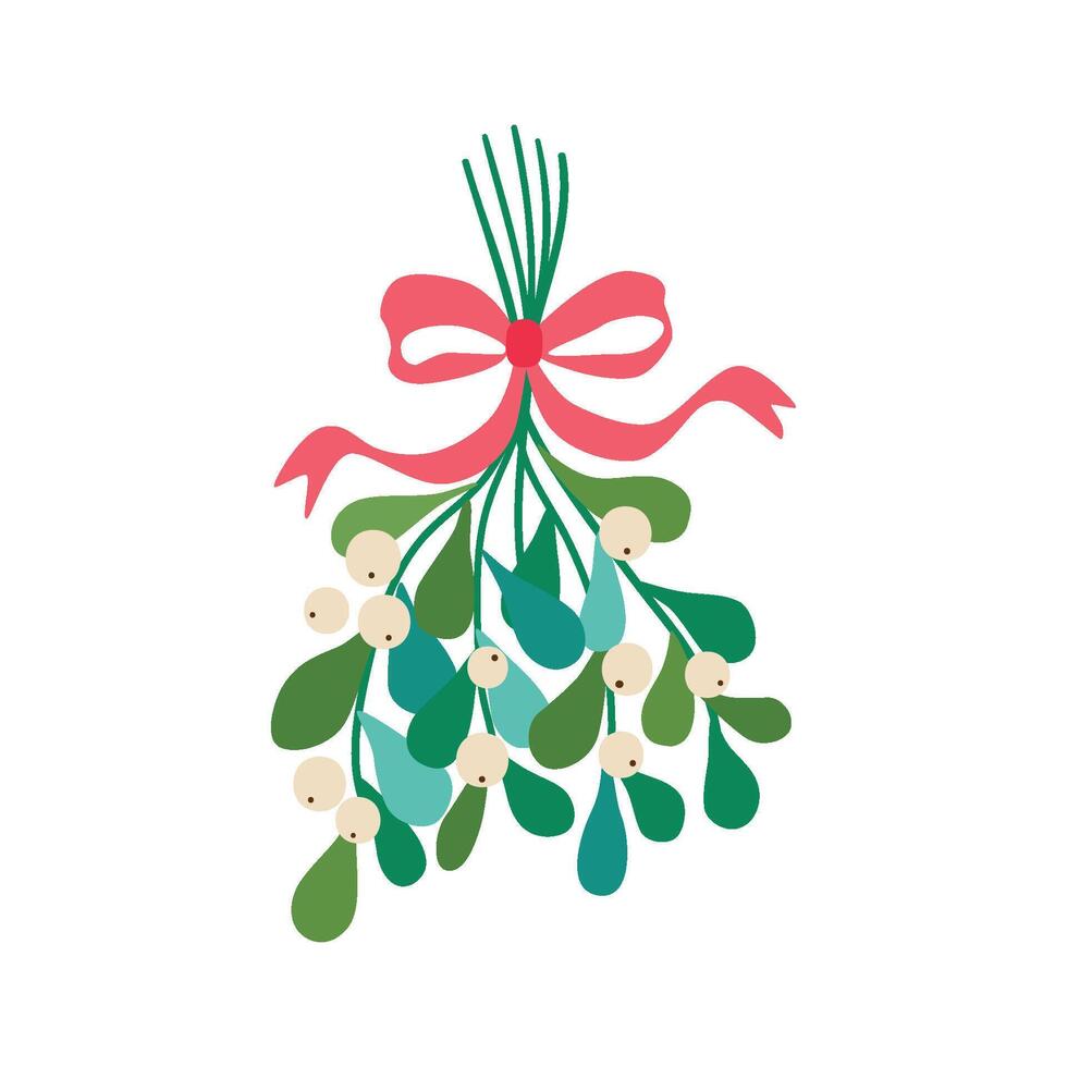 Coquette Christmas bowknots and mistletoe element isolated on white background. Winter holiday floral decor for card, greeting. Hand drawn pink bows, ribbon and bouquet. Botanical illustration. vector