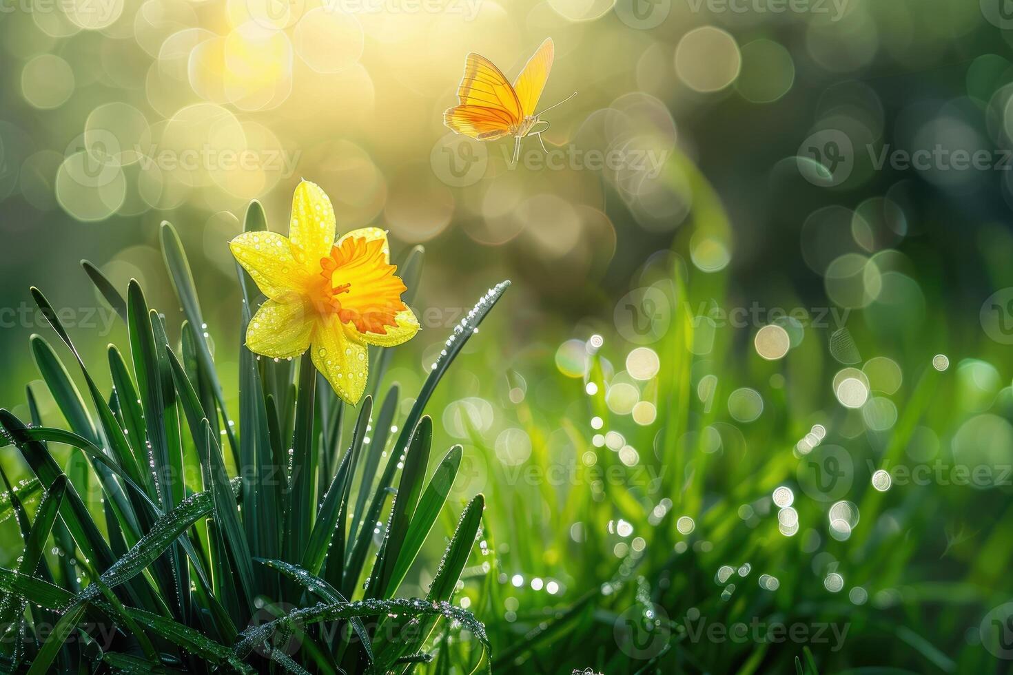 Beautiful daffodil flower in nature in morning outdoors in rays of sunlight and orange fluttering butterfly on background of grass in dew drops with beautiful round bokeh photo