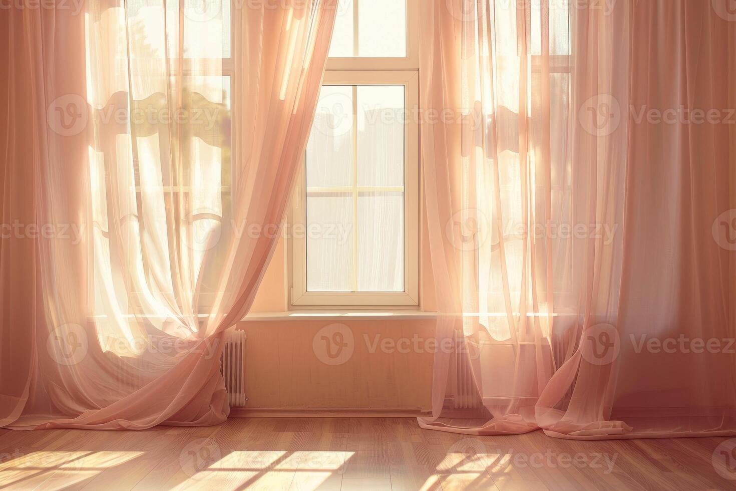 Backlit window with delicate beige-pink translucent curtains in an empty room. Peach fuzz color 2024 photo