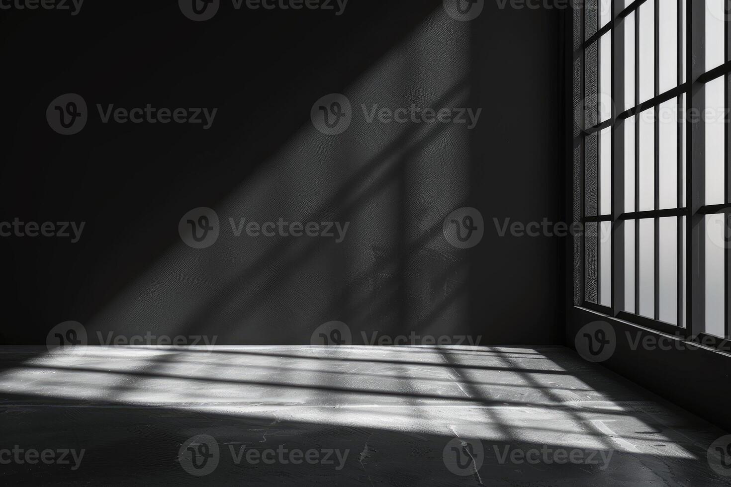 Black wall and smooth floor with beautiful window shadow and sun glare. Universal background for product presentation. photo