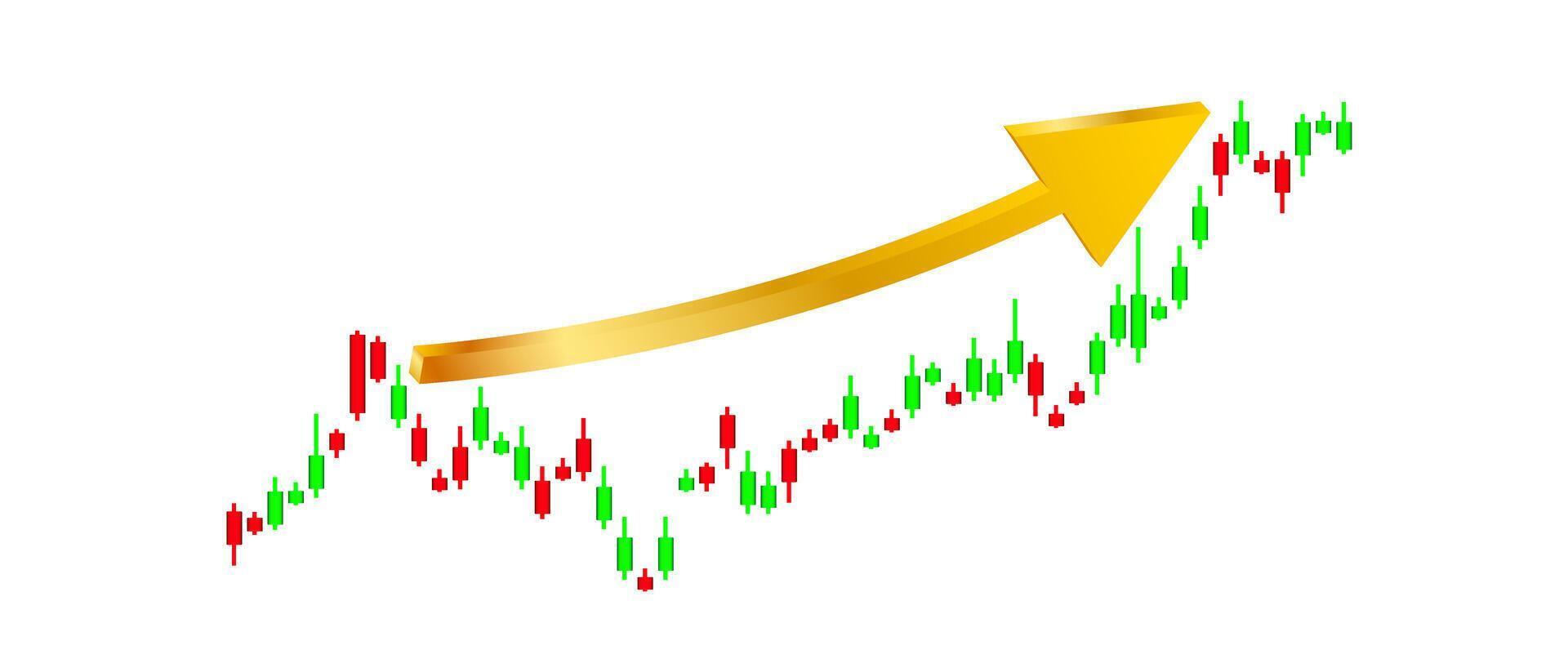 forex trading green and red candlestick charts The image features a vibrant with a world map outline, A prominent golden upward-trending arrow cuts through the center vector