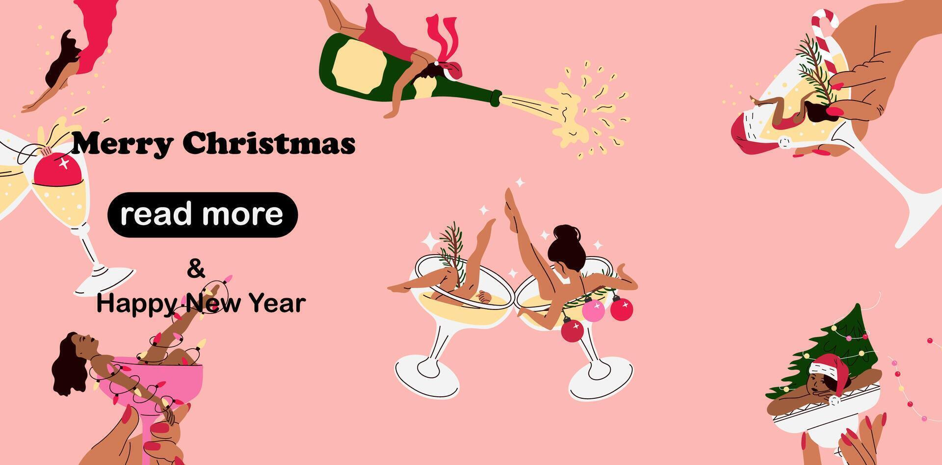 Web page design template. Women is sitting in a martini glass. Happy new years vector