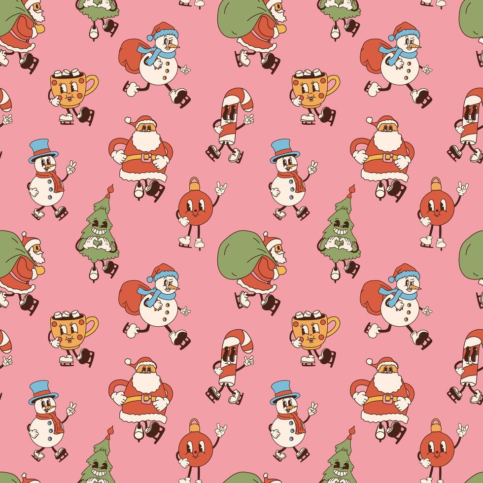 Seamless pattern with retro cartoon Christmas characters on a pink background, inspired by the animation styles of the 40s, 50s, 60s, wearing skates and acting as Christmas mascots vector