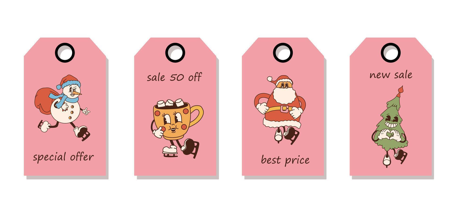Set of discount price tags. Labels with retro cartoon Christmas characters on a pink background,. Template for shopping tags. Christmas sale. vector