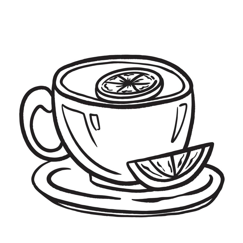 Lemon tea in blue cup black and white illustration isolated on square white background. Simple flat outlined cartoon art styled warm drink drawing. vector