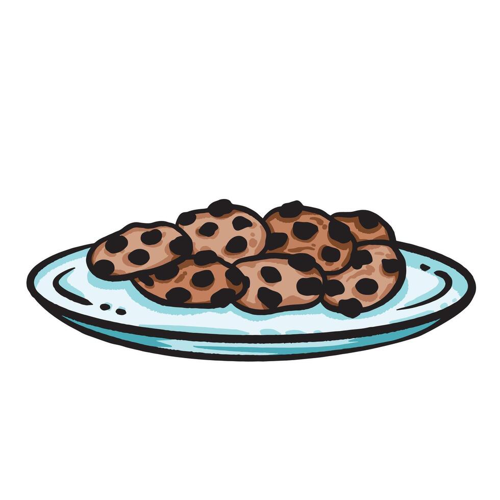 Chocochip cookies on plate colorful illustration isolated on square white background. Simple flat outlined cartoon art styled sweet food drawing. vector