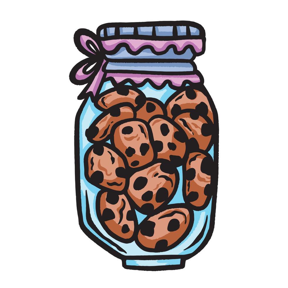 Chocochip cookie jar with pink ribbon colorful illustration isolated on square white background. Simple flat outlined cartoon art styled sweet food drawing. vector