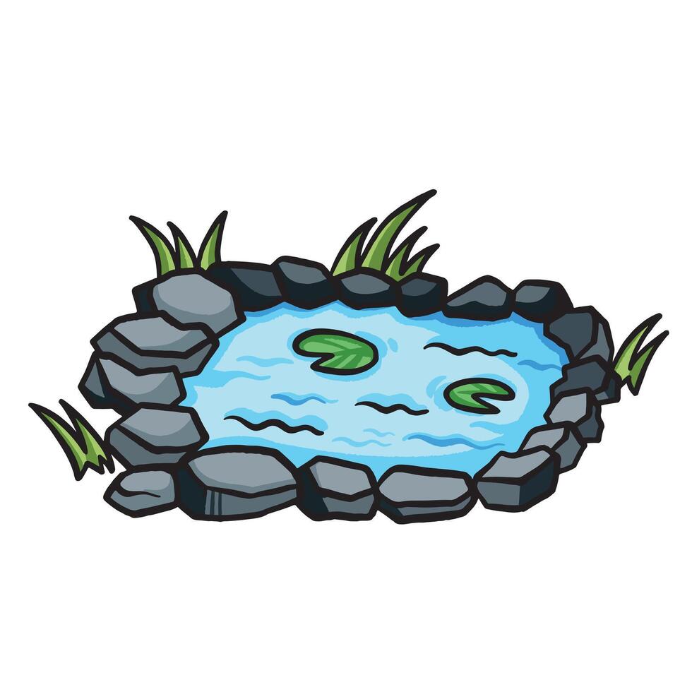 Rocky pond water with green plants colorful illustration isolated on square white background. Simple flat outlined cartoon art styled drawing. vector
