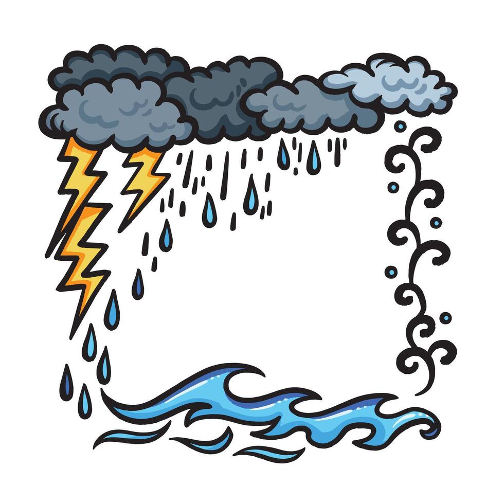 Gray clouds and rain water cycle frame colorful illustration isolated on square white background. Simple flat outlined cartoon art styled drawing. vector